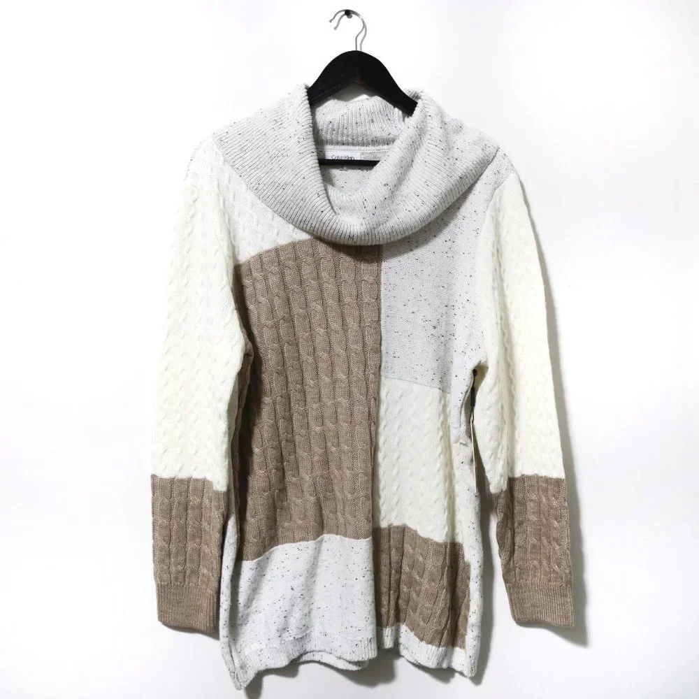 CALVIN KLEIN Acrylic Blend White Mixed Stitch Colorblocked Cowlneck Sweater - Picture 3 of 12